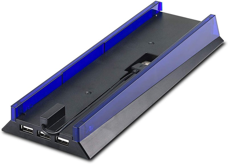 KlsyChry Stand with HUB & Blue Light for PS4, Blue Led Light Vertical Stand Base with 3 USB HUB Port for Sony PlayStation 4 PS4 Console (Black) - Image 4
